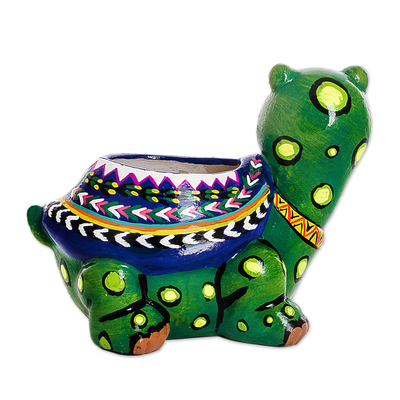 Maceta pequeña de cerámica. - Maceta de cerámica con tortuga pequeña pintada a mano de Guatemala