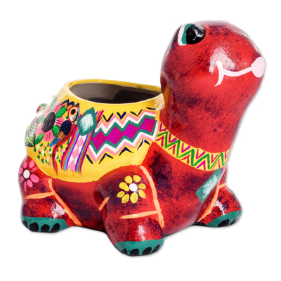 Small ceramic flower pot, 'Floral Turtle' - Hand-Painted Small Ceramic Flower Pot from Guatemala