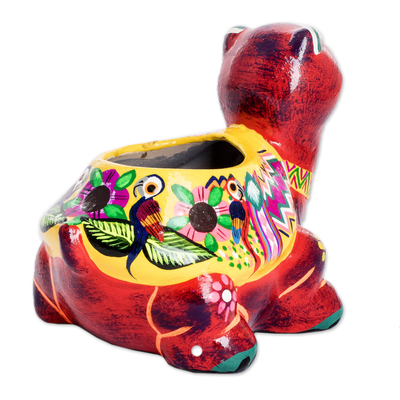 Small ceramic flower pot, 'Floral Turtle' - Hand-Painted Small Ceramic Flower Pot from Guatemala