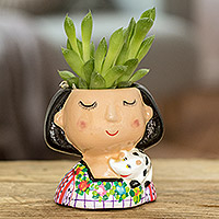Ceramic mini flower pot, 'Maria Dreaming' - Guatemalan Handpainted Woman-shaped Mini Ceramic Flower Pot