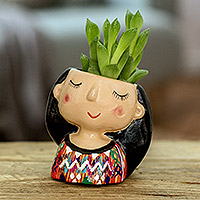 Ceramic mini flower pot, 'Julia Dreaming' - Handpainted Mini Ceramic Flower Pot in the Shape of a Woman