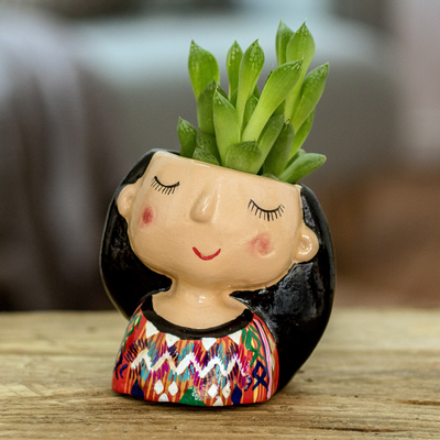 Mini-Blumentopf aus Keramik - Handbemalter Mini-Blumentopf aus Keramik in Form einer Frau