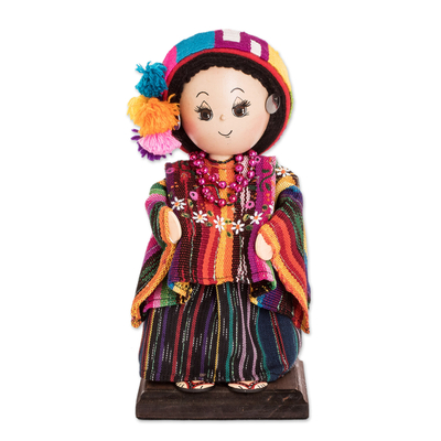 Wood decorative doll, 'Zunil Tradition' - Decorative Doll Handcrafted with Pine Wood and 100% Cotton