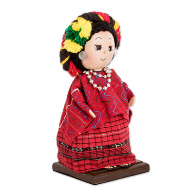 Wood decorative doll, 'Tamahú Tradition' - Decorative Doll Handcrafted with Pine Wood and 100% Cotton