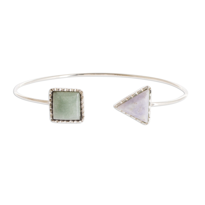 Jade cuff bracelet, 'Geometric Shapes I' - Geometric Themed Jade Cuff Bracelet with Sterling Silver