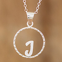 Sterling silver pendant necklace, 'Circled J' - Initial Pendant Necklace Made with 925 Sterling Silver
