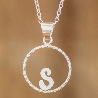 Sterling silver pendant necklace, 'Circled S' - Initial Pendant Necklace Made with 925 Sterling Silver