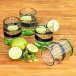 Handblown juice glasses, 'Pacifico' (set of 4) - Artisan Crafted Juice Glasses with Blue Stripe
