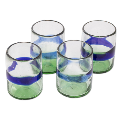 Handblown juice glasses, 'Pacifico' (set of 4) - Artisan Crafted Juice Glasses with Blue Stripe