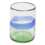 Handblown juice glasses, 'Pacifico' (set of 4) - Artisan Crafted Juice Glasses with Blue Stripe