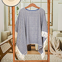 Cotton poncho, 'Blue Sand' - Handloomed Cotton Poncho in Blue from El Salvador