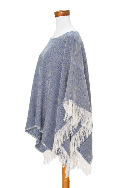 Cotton poncho, 'Blue Sand' - Handloomed Cotton Poncho in Blue from El Salvador