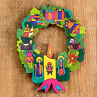 Wood Christmas wreath, 'Merry Green' - Hand Painted Wood Christmas Wreath from El Salvador