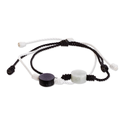 Jade cord bracelets, 'Jade Light and Darkness' (pair) - Guatemalan White and Black Cord Bracelets with Jade (Pair)