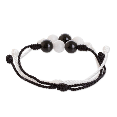 Jade and quartz cord bracelets, 'Opposite Energies' (pair) - White and Black Cord Bracelets with Jade and Quartz (Pair)