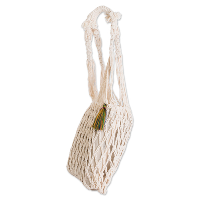Bolso bandolera de macramé - Bolso de hombro de macramé de algodón con diseño de rombos y borla