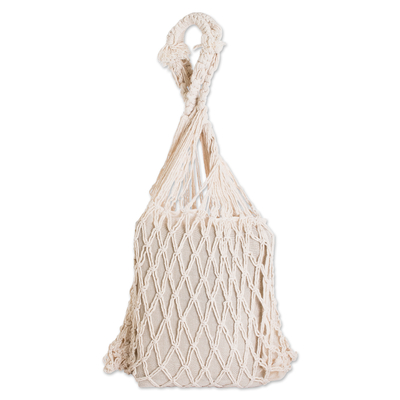 Macrame shoulder bag, 'Diamond Charm' - Diamond-themed Cotton Macrame Shoulder Bag with Tassel