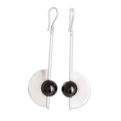 Onyx dangle earrings, 'Dark Half' - Handmade Sterling Silver Onyx Dangle Earrings from Nicaragua