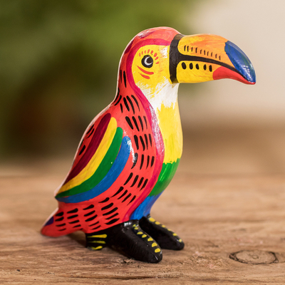 Wood figurine, 'Tranquil Toucan' - Handmade Guatemalan Multicolored Wood Figurine of Bird