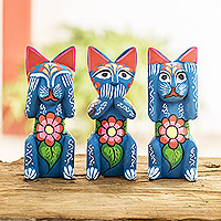 Wood figurines, 'See, Hear and Speak No Evil' (set of 3) - Handmade and Hand-painted Wood Cat Figurines (Set of 3)