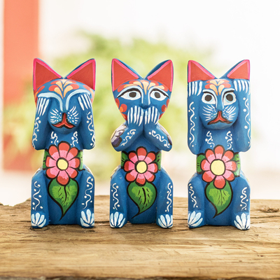 Wood figurines, 'See, Hear and Speak No Evil' (set of 3) - Handmade and Hand-painted Wood Cat Figurines (Set of 3)