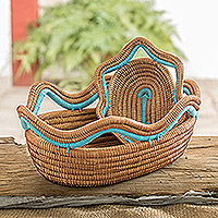 Pine needle baskets, 'Wavy Sea' (pair) - Pair of Handwoven Sky Blue Accent Pine Needle Baskets