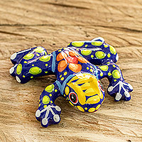 Ceramic figurine, 'Blue Harmony Frog' - Handpainted Ceramic Figurine Frog and Floral Motif