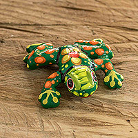 Ceramic figurine, 'Green Harmony Frog' - Handpainted Ceramic Figurine Frog and Floral Motif