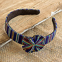 Cotton canvas headband, 'Blue Origins' - Blue Headband with Bow Handwoven with 100% Cotton Canvas