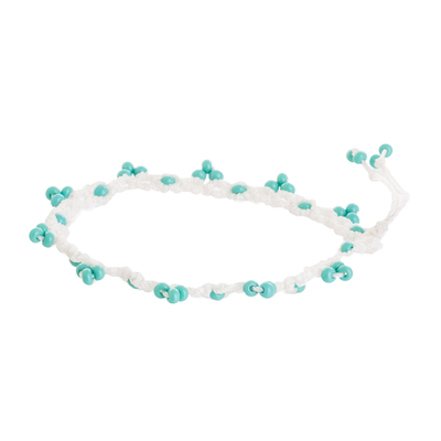 Beaded macrame anklet, 'Aqua Charm' - Guatemalan Artisan Crafted Macrame Anklet with Teal Beads