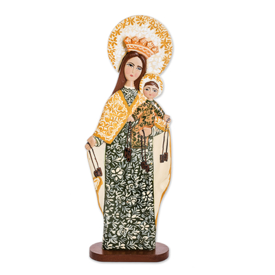 Wood sculpture, 'Holy Green' - Handmade Nicaraguan Wood Sculpture of Virgin of Carmel