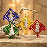 Cotton ornaments, 'Gilded Christmas' (set of 4) - Guatemalan Handmade Cotton Worry Doll Ornaments Set of 4