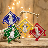 Cotton ornaments, 'Glowing Christmas' (set of 4) - Guatemalan Silver Tone Cotton Worry Doll Ornaments Set of 4
