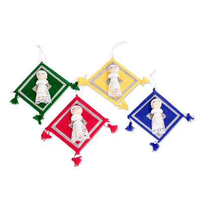 Guatemalan Silver Tone Cotton Worry Doll Ornaments Set of 4
