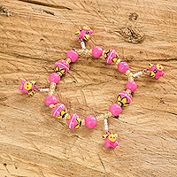 Ceramic beaded stretch bracelet, 'Little Pink Pigs' - Handcrafted Ceramic Beaded Stretch Bracelet in Pink