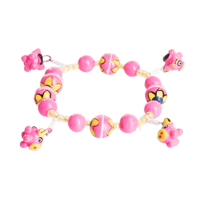 Ceramic beaded stretch bracelet, 'Little Pink Pigs' - Handcrafted Ceramic Beaded Stretch Bracelet in Pink