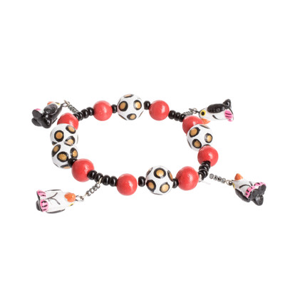 Ceramic beaded stretch bracelet, 'Dangling Penguins' - Handcrafted Ceramic Beaded Stretch Bracelet with Penguins