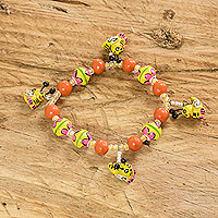 Ceramic beaded stretch bracelet, 'Floral Honey' - Handcrafted Ceramic Beaded Stretch Bracelet with Bees