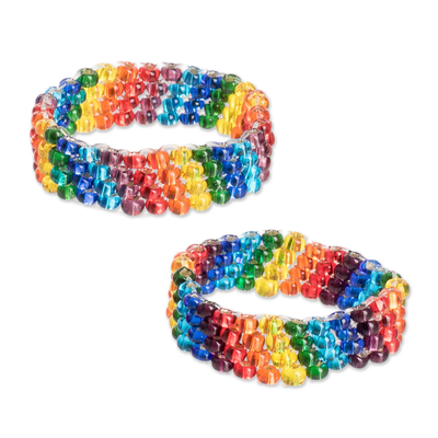 Beaded friendship rings, 'Love is Love' (pair) - 2 LGBTQ+ Themed Glass Bead Friendship Rings From Guatemala