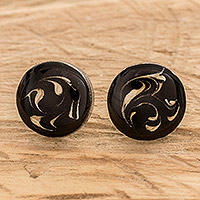 Sterling silver button earrings, 'Bicolor Dream' - Costa Rican Sterling Silver Button Earrings in Black