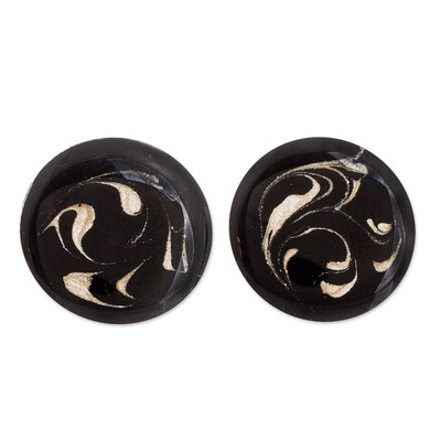 Costa Rican Sterling Silver Button Earrings in Black