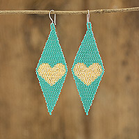 Beaded dangle earrings, 'Charming Heart' - Diamond-shaped Heart-themed Glass Beaded Dangle Earrings
