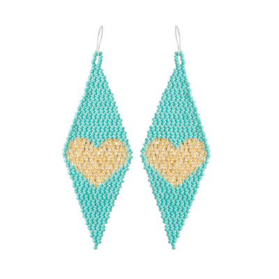 Diamond-shaped Heart-themed Glass Beaded Dangle Earrings