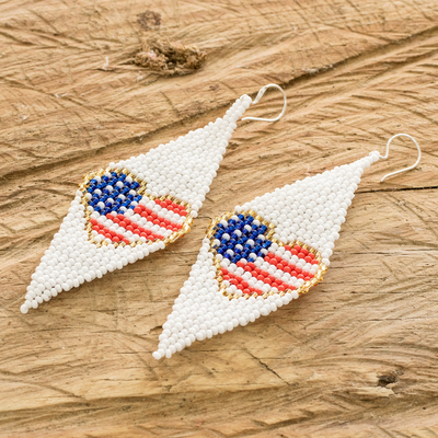 Beaded dangle earrings, 'Charming Flag' - Diamond-shaped and Flag-themed Glass Beaded Dangle Earrings