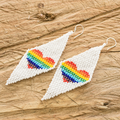 Beaded dangle earrings, 'Charming Pride in White' - Diamond-shaped LGBTQ+ Themed Glass Beaded Dangle Earrings