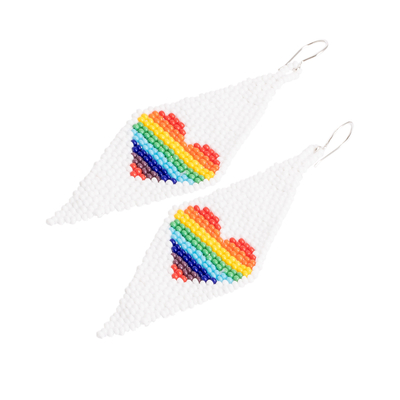 Beaded dangle earrings, 'Charming Pride in White' - Diamond-shaped LGBTQ+ Themed Glass Beaded Dangle Earrings