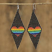 Beaded dangle earrings, 'Charming Pride in Black' - Diamond-shaped LGBTQ+ Themed Glass Beaded Dangle Earrings