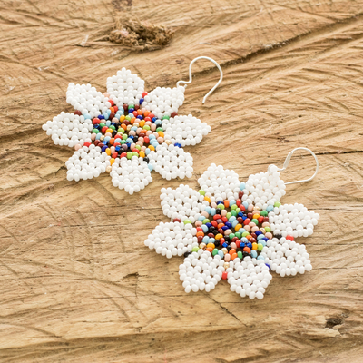 Beaded dangle earrings, 'Floral Delight in White' - Floral Glass Beaded Dangle Earrings Handmade in Guatemala