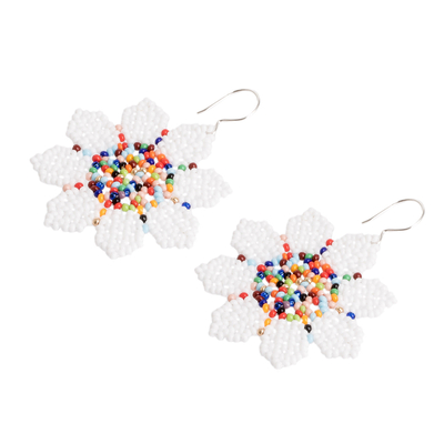Beaded dangle earrings, 'Floral Delight in White' - Floral Glass Beaded Dangle Earrings Handmade in Guatemala