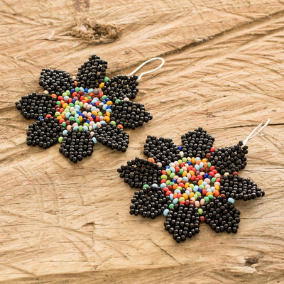 Beaded dangle earrings, 'Floral Delight in Black' - Floral Glass Beaded Dangle Earrings Handmade in Guatemala